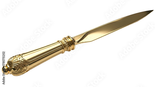Ornate golden instrument rests diagonally against a solid black background