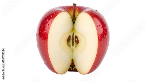 Fresh, juicy red fruit is cleanly sliced in half, revealing its white interior and seeds against a dark background