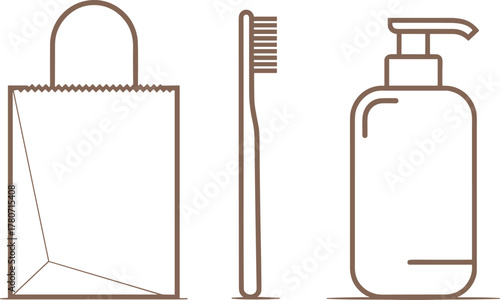 Shopping Bag Toothbrush Soap Dispenser Outline Icons paper bag liquid soap