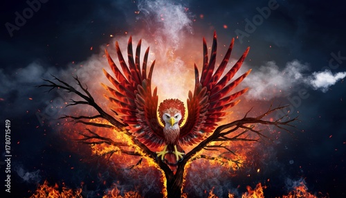 A majestic hybrid creature between a phoenix and a Javan hawk-eagle, with blazing fiery feathers, golden eyes, wide wings, and mystical aura, soaring through the sky in cinematic fantasy lighting