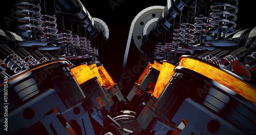 Working V8 engine showing piston movement and combustion motion inside of car. Car engine related 3d animation.