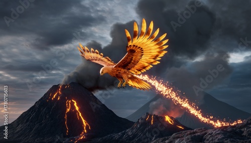 A majestic hybrid creature between a phoenix and a Javan hawk-eagle, with blazing fiery feathers, golden eyes, wide wings, and mystical aura, soaring through the sky in cinematic fantasy lighting