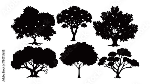 Silhouette Trees: A collection of various trees in silhouette. The image features a series of tree outlines.  Evoking a sense of the natural world and serene imagery