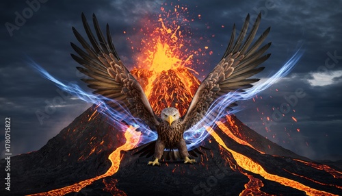 A majestic hybrid creature between a phoenix and a Javan hawk-eagle, with blazing fiery feathers, golden eyes, wide wings, and mystical aura, soaring through the sky in cinematic fantasy lighting