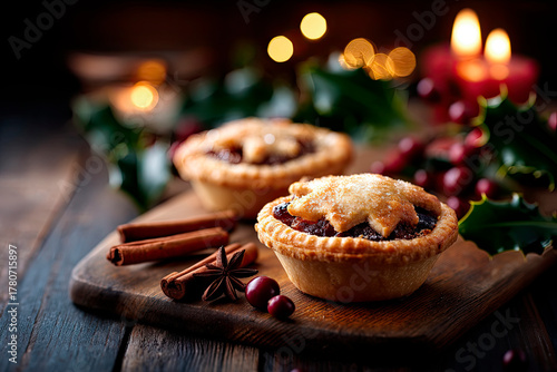 Christmas mince pies on a wooden table decorated with holly leaves and cinnamon sticks