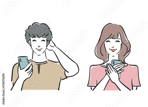 スマホを持った笑顔の爽やかな30代男女