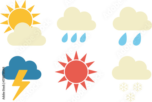 Weather icons with sun, clouds, rain, lightning, and snow graphics Keywords: weather, sun