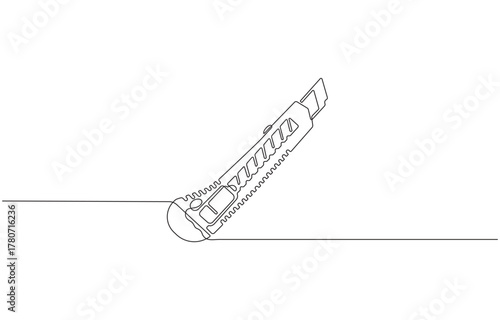 Continuous one line drawing stationery knife, cutter knife in single line art, utility knife, sharp, blade, vector illustration.