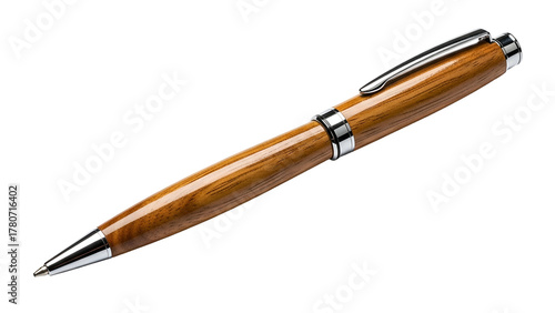 Luxurious wooden ballpoint writing instrument rests against a solid black background