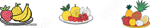 A minimalist design approach is used in this modern illustration of a plate of fruits, which is drawn in a single continuous line and features healthy and fresh fruit with isolated colors on a white