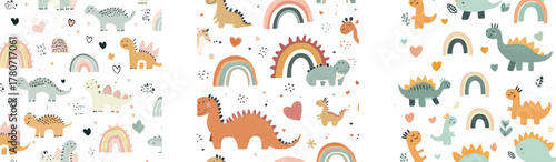 A trendy adventure theme is depicted in this modern illustration of a seamless Dino pattern, showcasing Scandinavian style and pastel colors, designed for kids and baby fashion textile prints