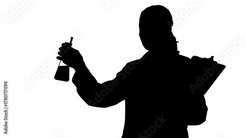 Silhouette of a scientist holding a flask and clipboard for laboratory research and analysis work