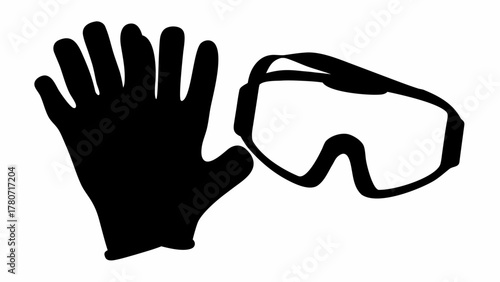 Black work glove with five fingers and protective goggles on a white background for safety gear use