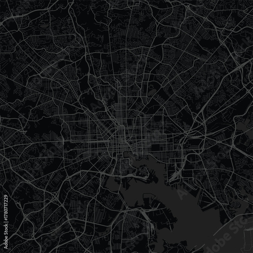 Baltimore City Map Sleek urban blueprint in refined black and gray tones featuring modern monotone grid patterns and precise linework.