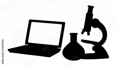 Silhouette of a laptop, round bottom flask and a microscope representing science and technology field