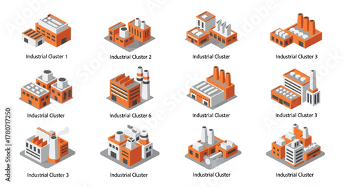Isometric industrial buildings and factory complexes in orange and white tones
