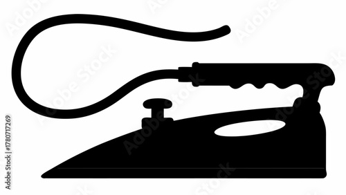 Silhouette of a vintage electric iron with cord and handle on a white background displays household appliance