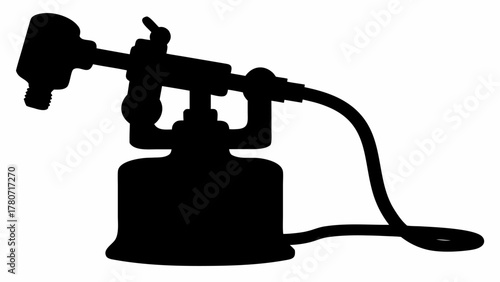Silhouette of a vintage blowtorch with a fuel tank, nozzle, and flexible hose showing industrial design