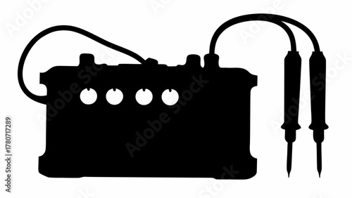 Silhouette of a car battery with attached cables and two multimeter probes in a plain background