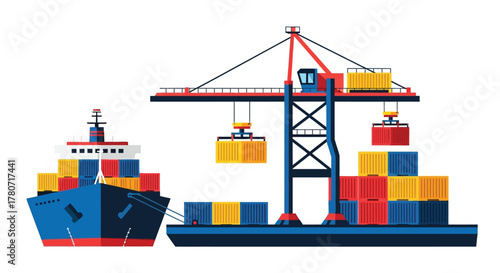 A colorful illustration depicting a busy port with ships and cranes