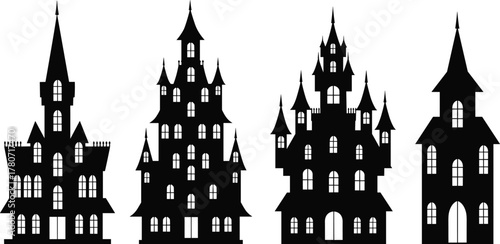 Cartoon Haunted House Silhouettes in Gothic Style, Joyful Mood, One-Panel Halloween Architecture Vector Illustration on White Background
