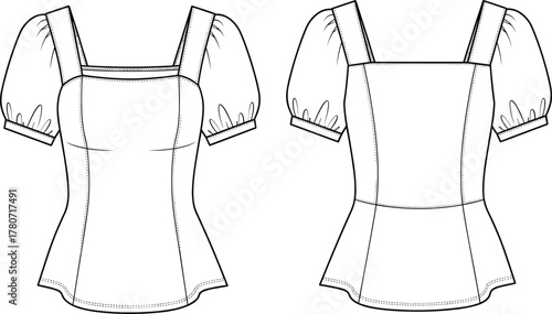 CAD Drawing Flat Vector Illustration of Women’s Blouse with Puffed Sleeves, Square Neckline, Princess Seams, Fitted Bodice, and Flared Hem