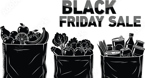 Grab amazing Black Friday grocery deals with fresh produce and pantry essentials professional EPS vector artwork ready to use
