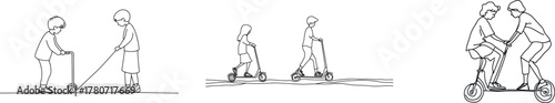 Continuous one-line artwork features two kids playing scooter, conveying a heartwarming scene of childhood friendship and an act of kindness