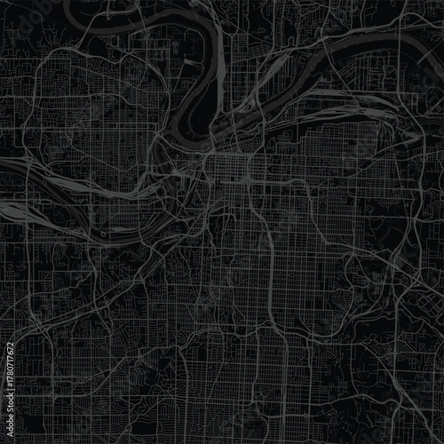 Kansas City City Map Sleek Urban Grid Blueprint in Refined Black and Gray Monochrome Tones on Modern Wall Canvas.