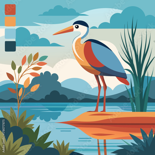 Stylized heron standing by a reflective lake in a mountainous landscape