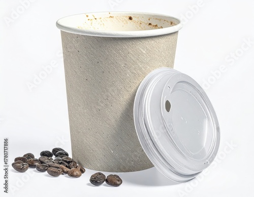 Disposable paper coffee cup with lid and roasted beans.