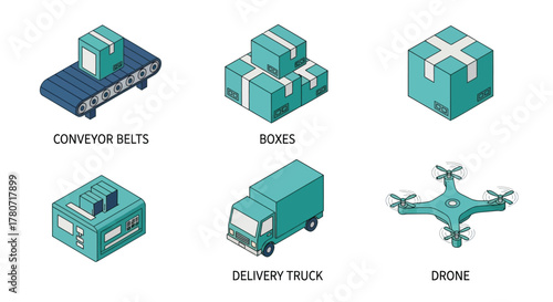 Isometric illustration of delivery logistics including trucks drones and conveyor belts