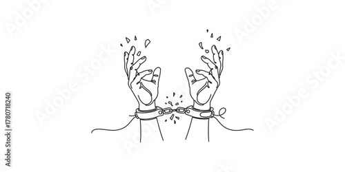 Minimal one-line art of two hands breaking free from handcuffs, with shattered chains flying outward. A powerful symbol of liberation, resistance, and freedom.