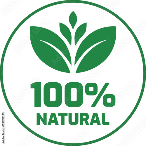 Green 100 percent natural round label with leaves