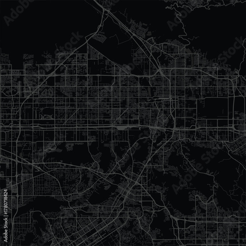 Riverside and San Bernardino Inland Empire City Map Sleek Monochrome Wall Decoration Featuring Modern Urban Grid Blueprint in Black and Gray Tones with Refined Linework.