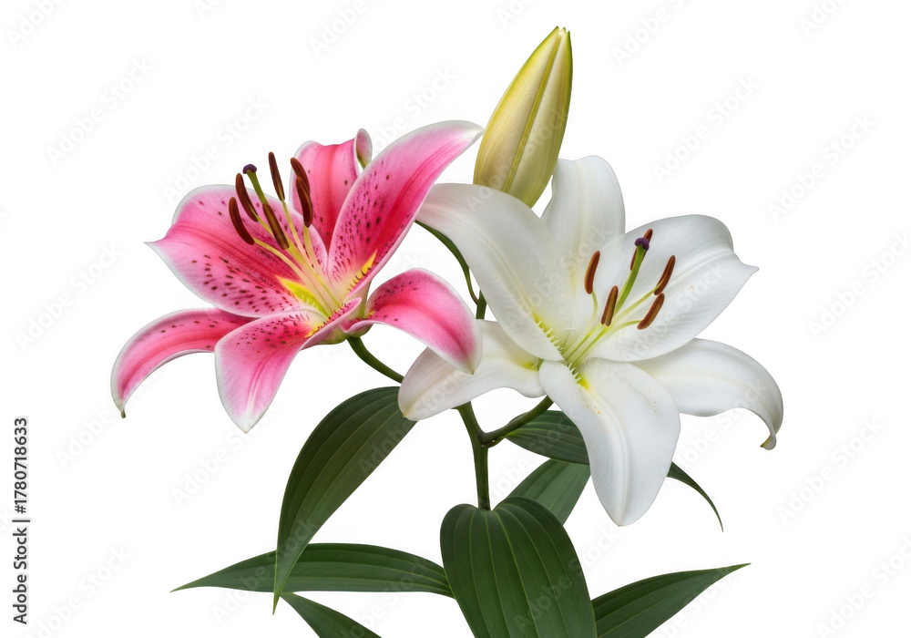 Naklejka premium Two vibrant lily flowers one pink and one white isolated on transparent background