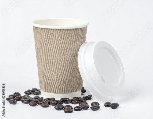 Disposable ripple coffee cup with white lid and coffee beans on a white background.
