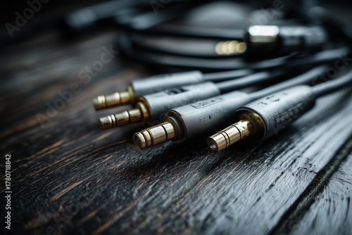Close up of xlr audio cable connectors lying on a dark wooden surface