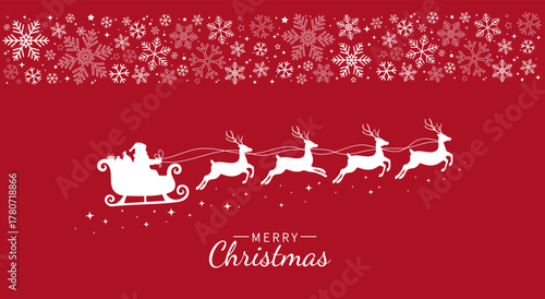 Santa Claus ride sleigh with flying reindeer. Snowflake and star decorative element. Santa Sleigh Silhouette. Merry christmas banner. Vector illustration