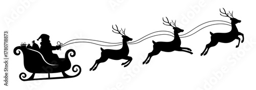 Santa Claus ride sleigh with flying reindeer. Santa Sleigh Silhouette. Merry christmas banner. Vector illustration