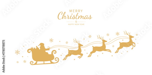 Santa Claus ride sleigh with flying reindeer. Snowflake and star decorative element. Santa Sleigh Silhouette. Merry christmas banner. Vector illustration