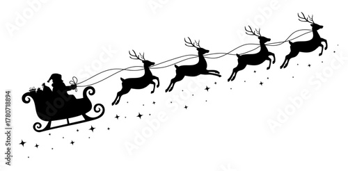 Santa Claus ride sleigh with flying reindeer. Sparkles, stars decorative element. Santa Sleigh Silhouette. Merry christmas banner. Vector illustration