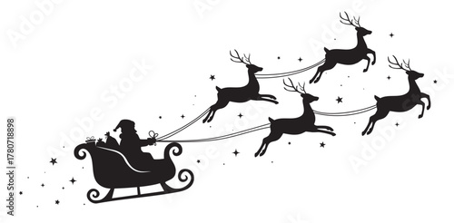 Santa Claus ride sleigh with flying reindeer. Sparkles, stars decorative element. Santa Sleigh Silhouette. Merry christmas banner. Vector illustration