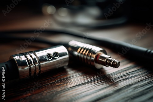 Close up of xlr audio cable connectors lying on a dark wooden surface