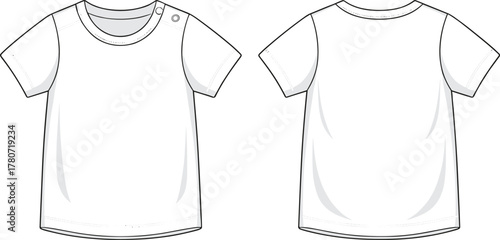 Baby t-shirt technical flat sketch, vector illustration. Kids apparel fashion design template, front and back view, blank clothing mockup isolated.