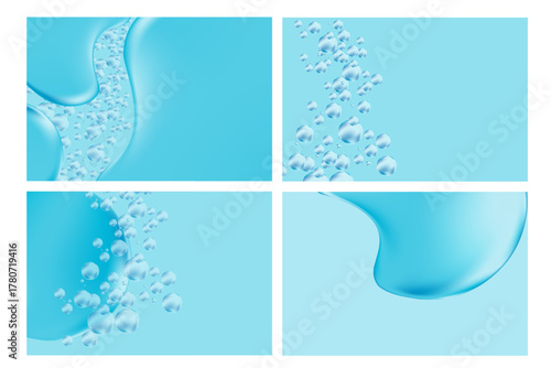 Elegant blue liquid water texture with bubbles, gradient background with copy space. Fluid iridescent gel blobs close up, collagen serum, oil texture. Beautiful cosmetic presentation.