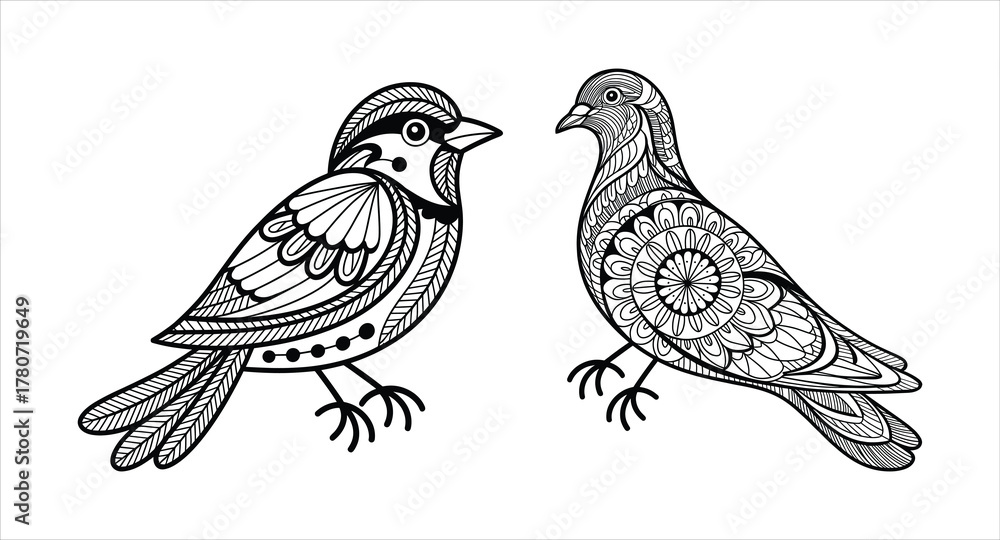 Fototapeta premium Two decorative birds coloring page vector illustration outline art for relaxation activity