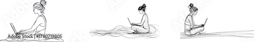 The continuous one line drawing portrays a casual woman sitting at home, using her laptop to do freelance work in a serene environment