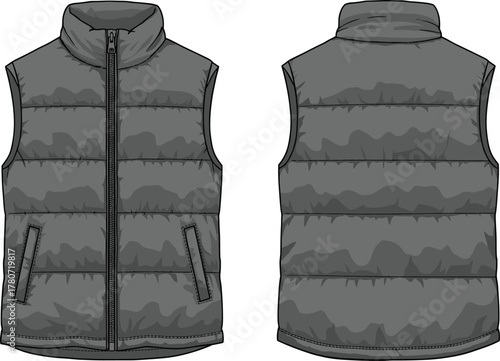 Modern gray puffer vest front and back view, sleeveless insulated jacket design, warm winter outerwear fashion illustration for cold weather