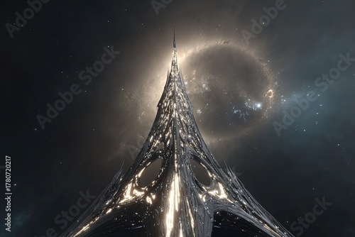 Fototapeta Naklejka Na Ścianę i Meble -  Futuristic Spaceship Tower In Deep Space